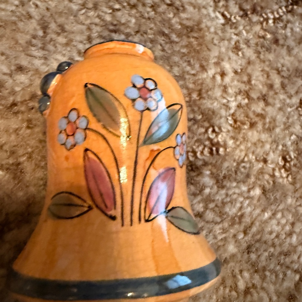 Vintage Hand-Painted Floral Pottery Bell / Mini Vase – Signed Cottagecore Decor